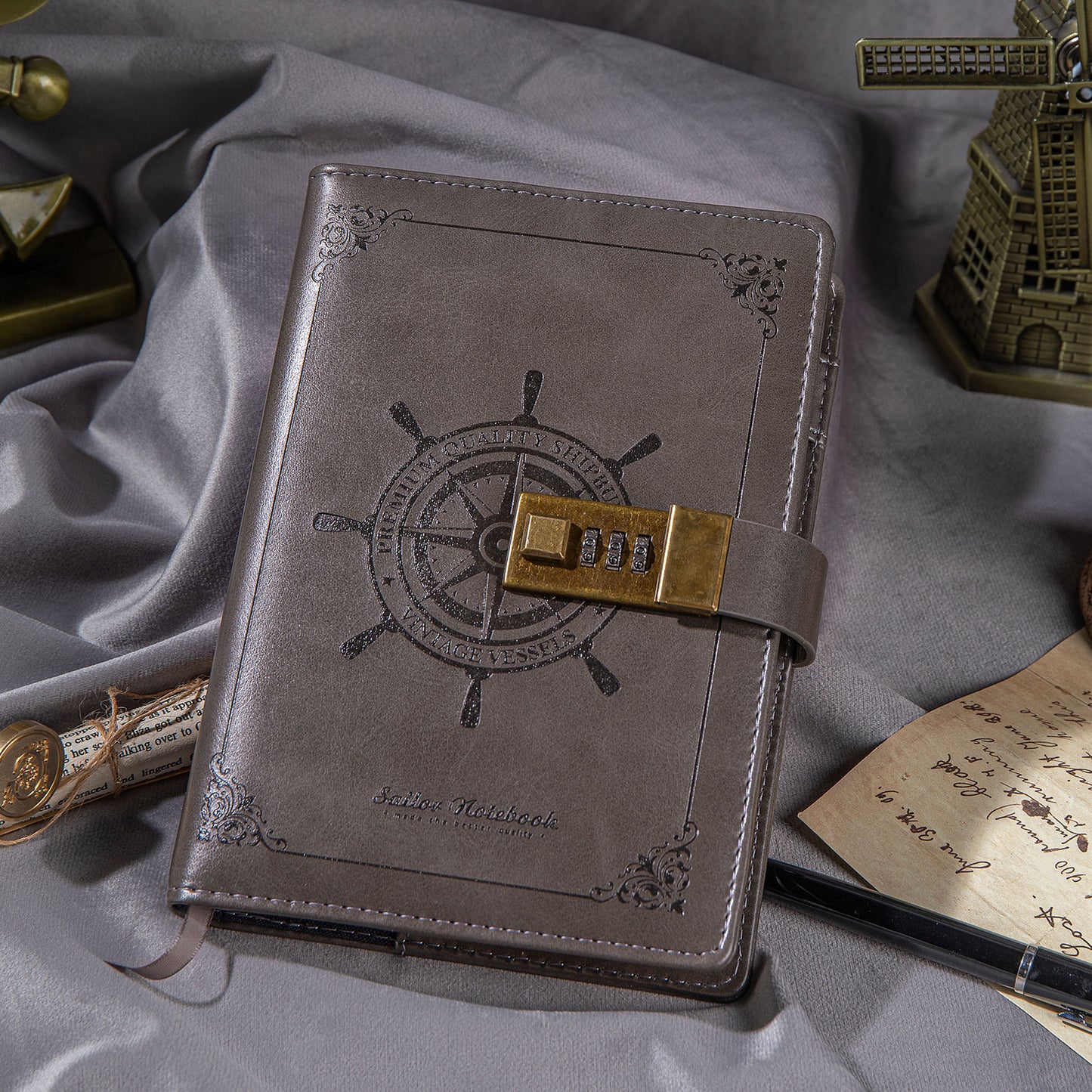 Refillable Leather Sailing Lock Journal - B6 - Gray
