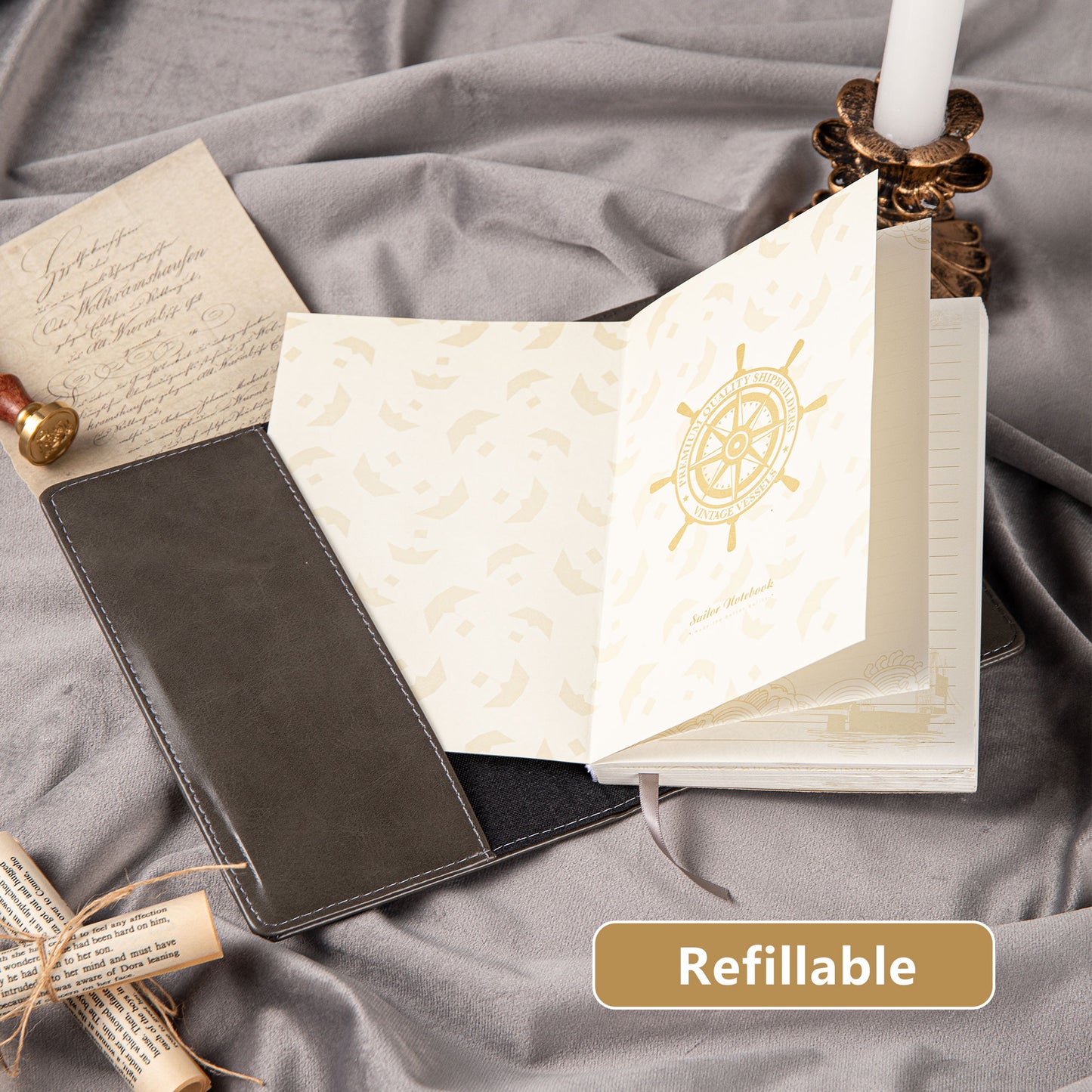 Refillable Leather Sailing Lock Journal - B6 - Gray