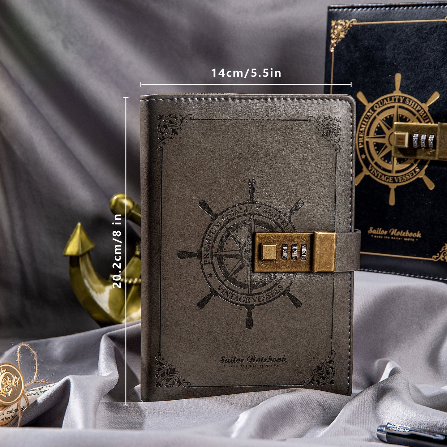 Refillable Leather Sailing Lock Journal - B6 - Gray