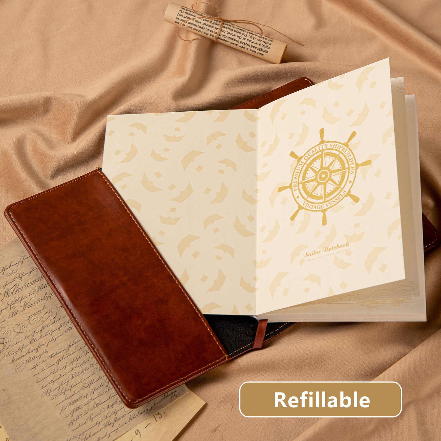 Refillable Leather Sailing Lock Journal - B6 - Red Brown