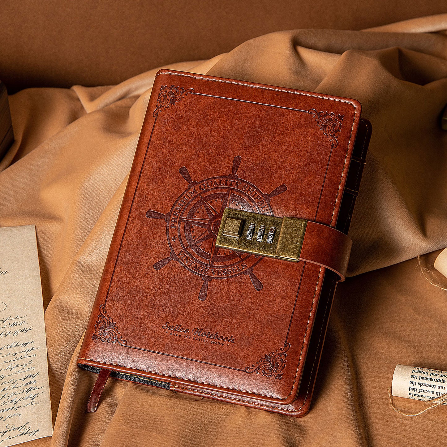Refillable Leather Sailing Lock Journal - B6 - Red Brown