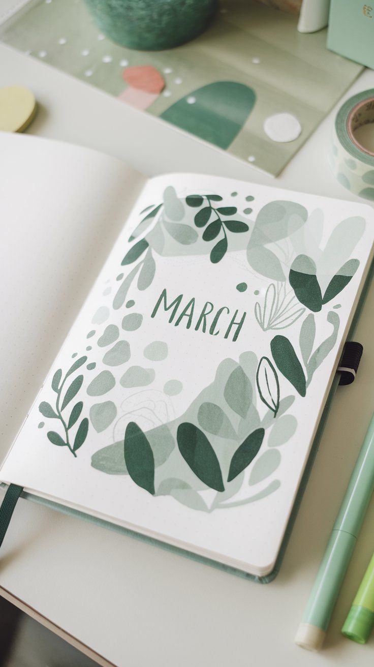 12 Green-Themed Bullet Journal March Cover Spreads to Welcome Spring