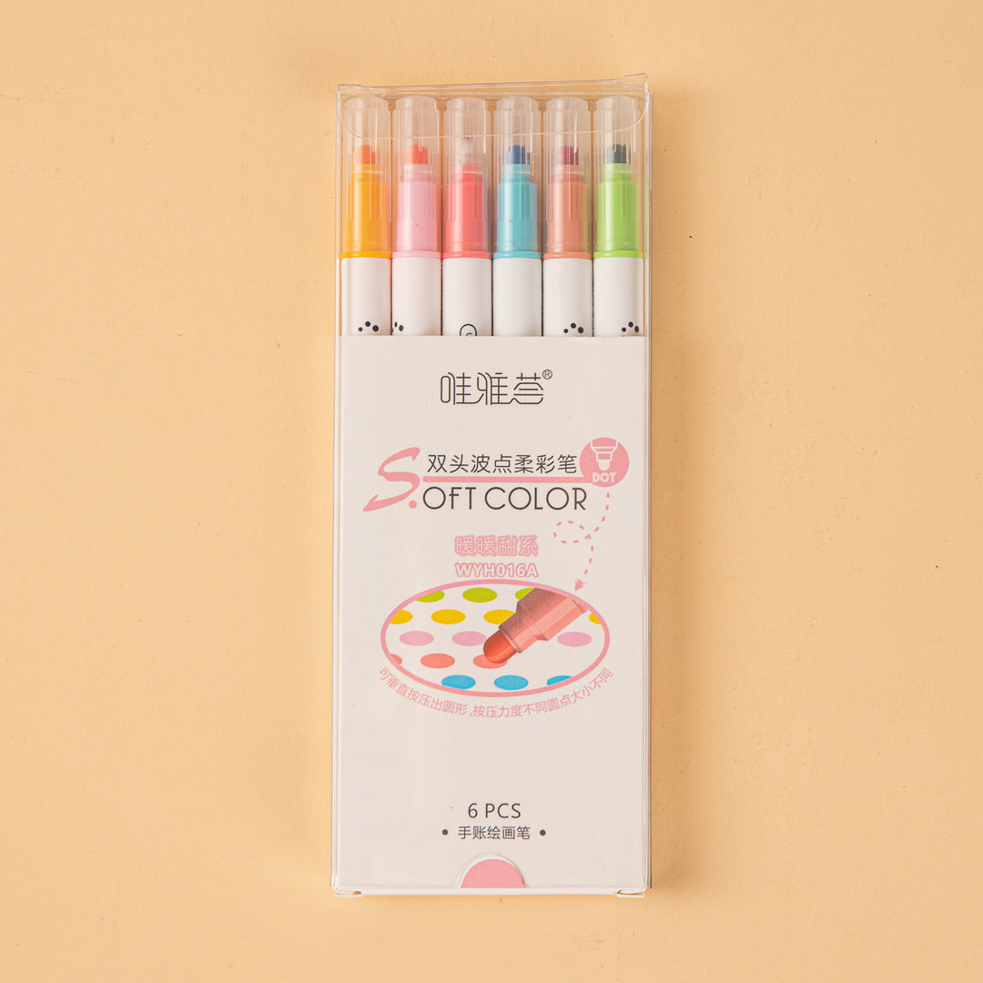 Soft Color Dot Double-Sided Marker - 6 Color Set - Warm