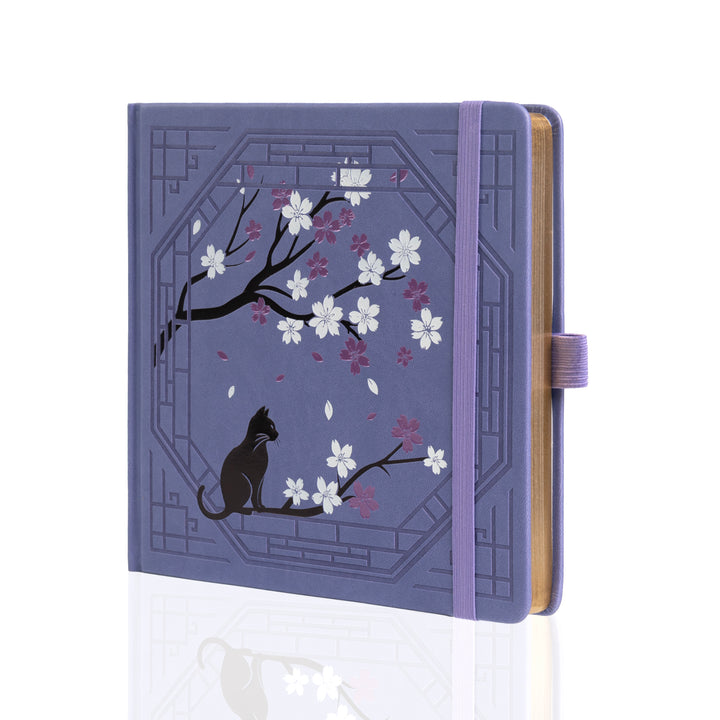 8x8 Square Sakura & Cat Dot Grid Notebook - Deep Purple