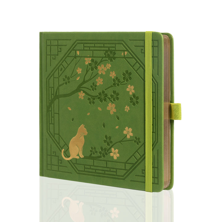 8x8 Square Sakura & Cat Dot Grid Notebook - Green