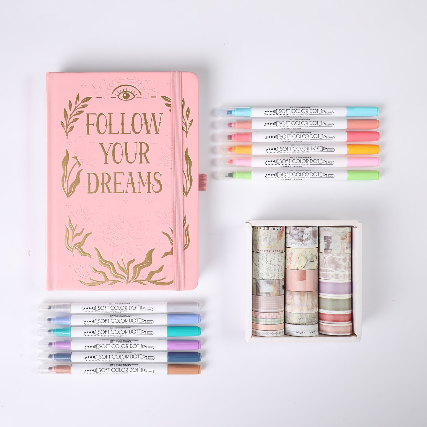 A5 Dot Grid Notebook + 12 Colors Marker + 20 Rolls Washi Tape