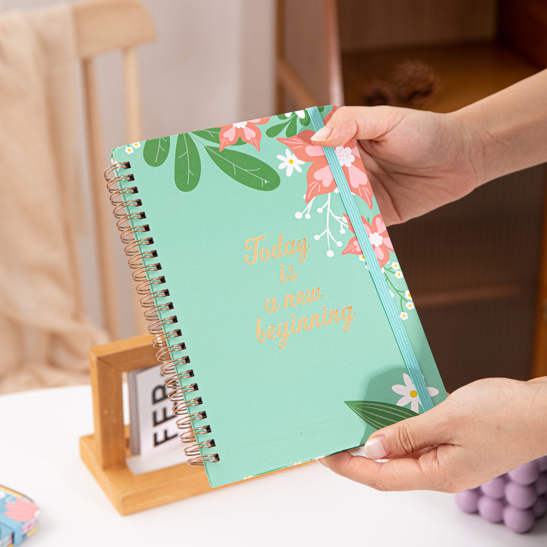 Blooming Flowers Spiral Daily Planner - A5 - Green