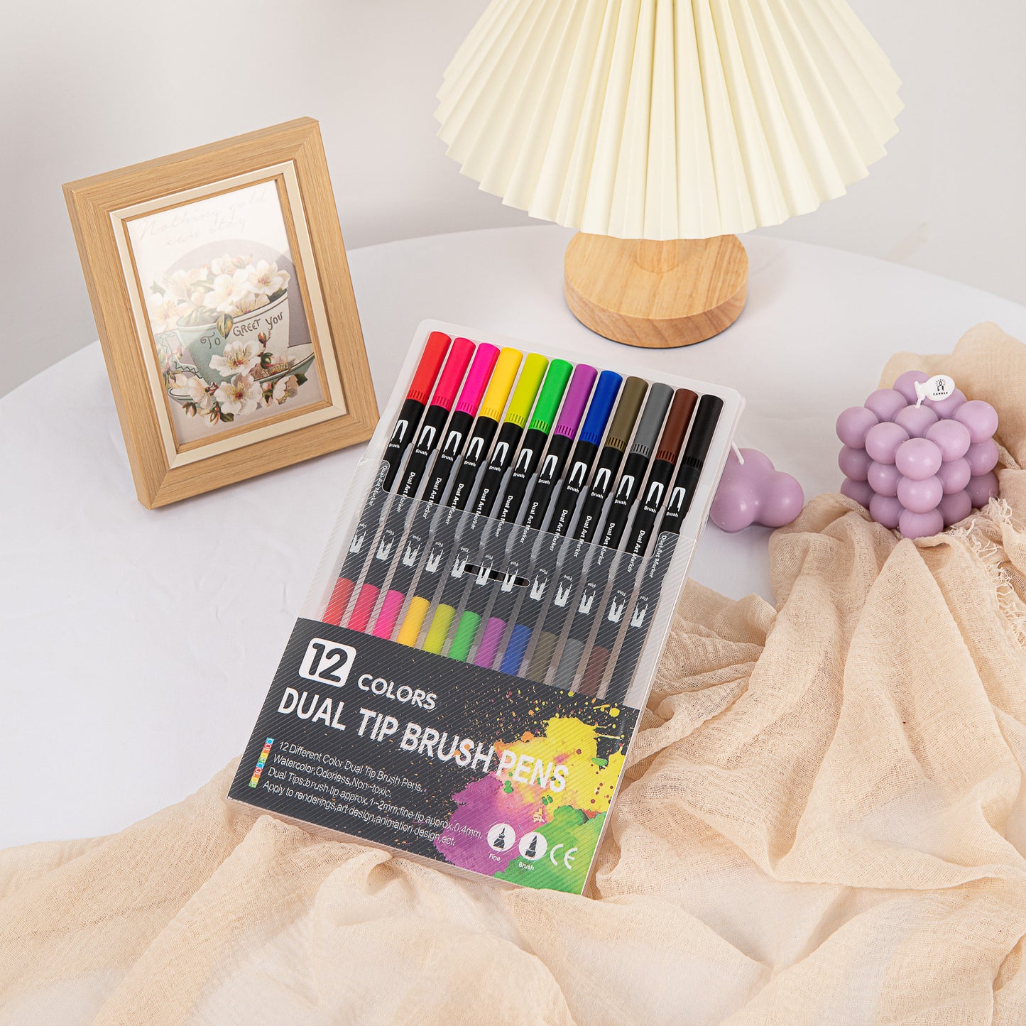 Dual Tip Water-Based Brush Pen - 12 Color Set