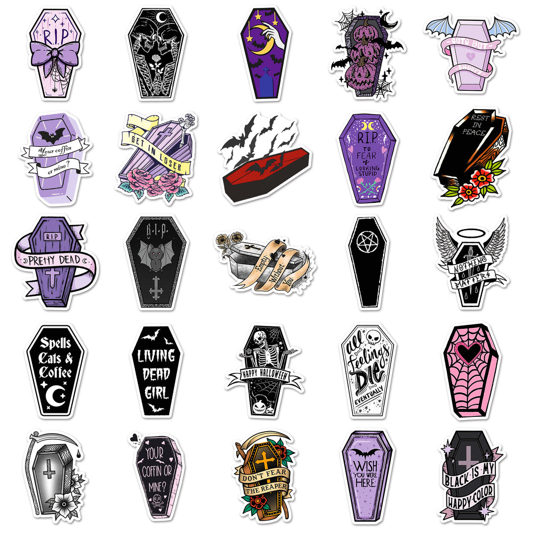Gothic Halloween Coffin Stickers - 50 Pcs