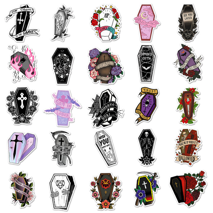Gothic Halloween Coffin Stickers - 50 Pcs