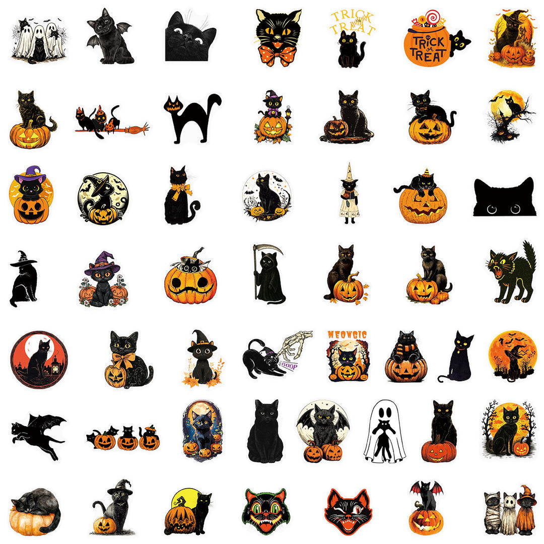 Halloween Black Cat Stickers - 50 Pcs
