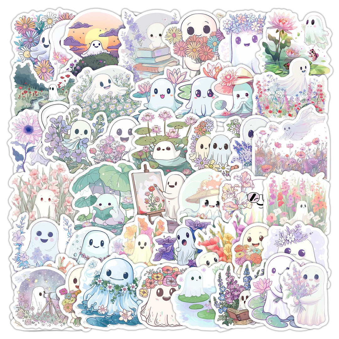 Halloween Ghost & Flower Stickers - 50 Pcs