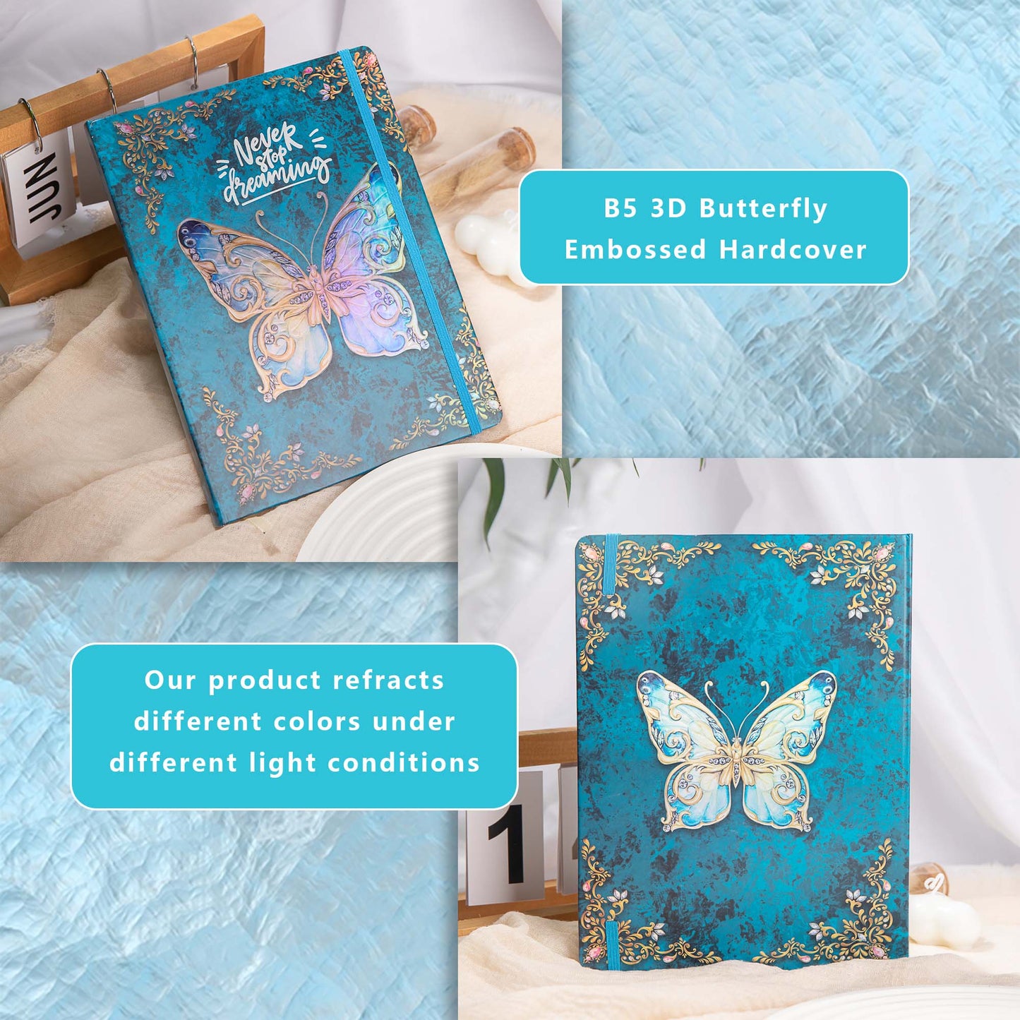 Hardcover 3D Butterfly Notebook - B5 - Ruled - Blue