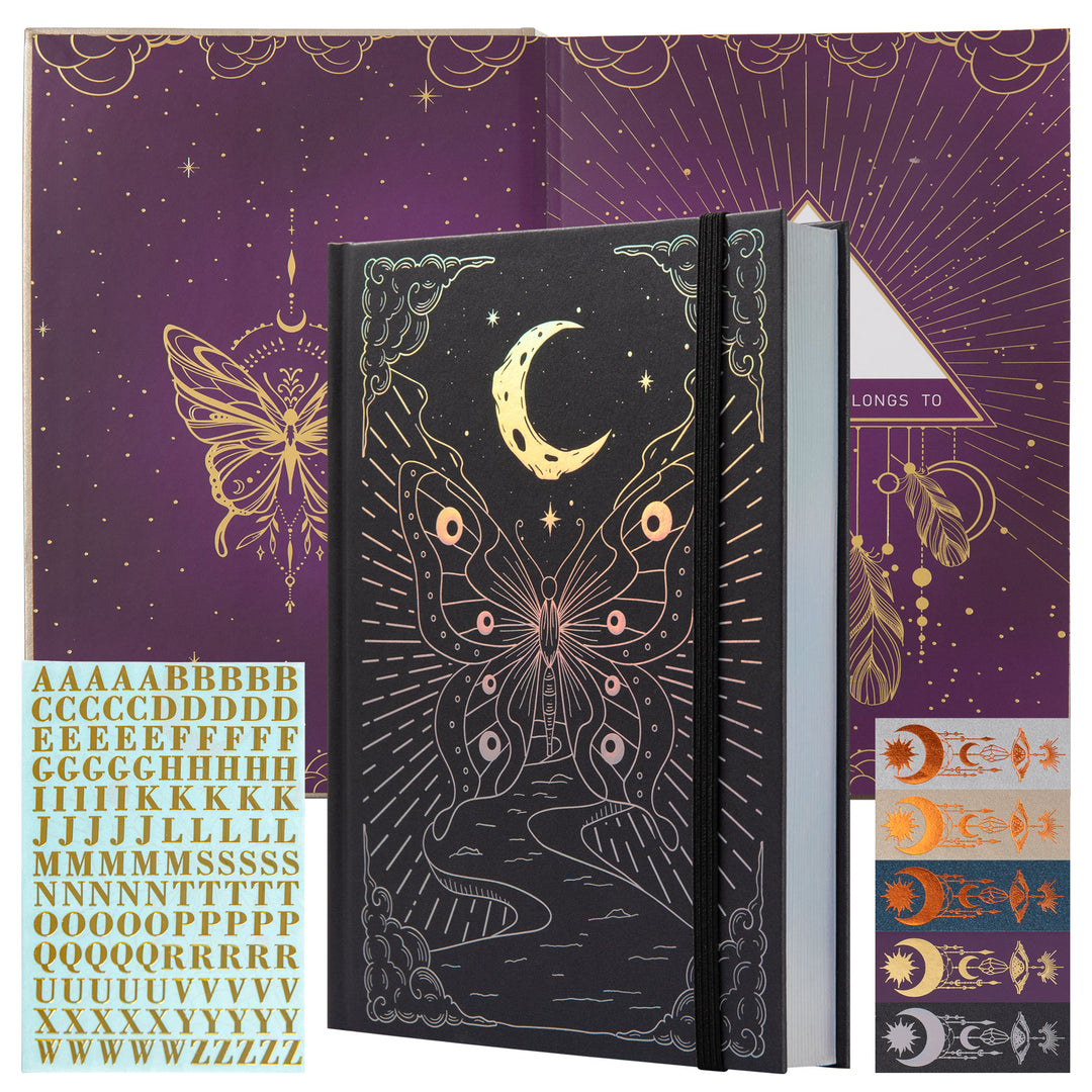 Hardcover Moon Butterfly Notebook - A5 - Dotted - Black