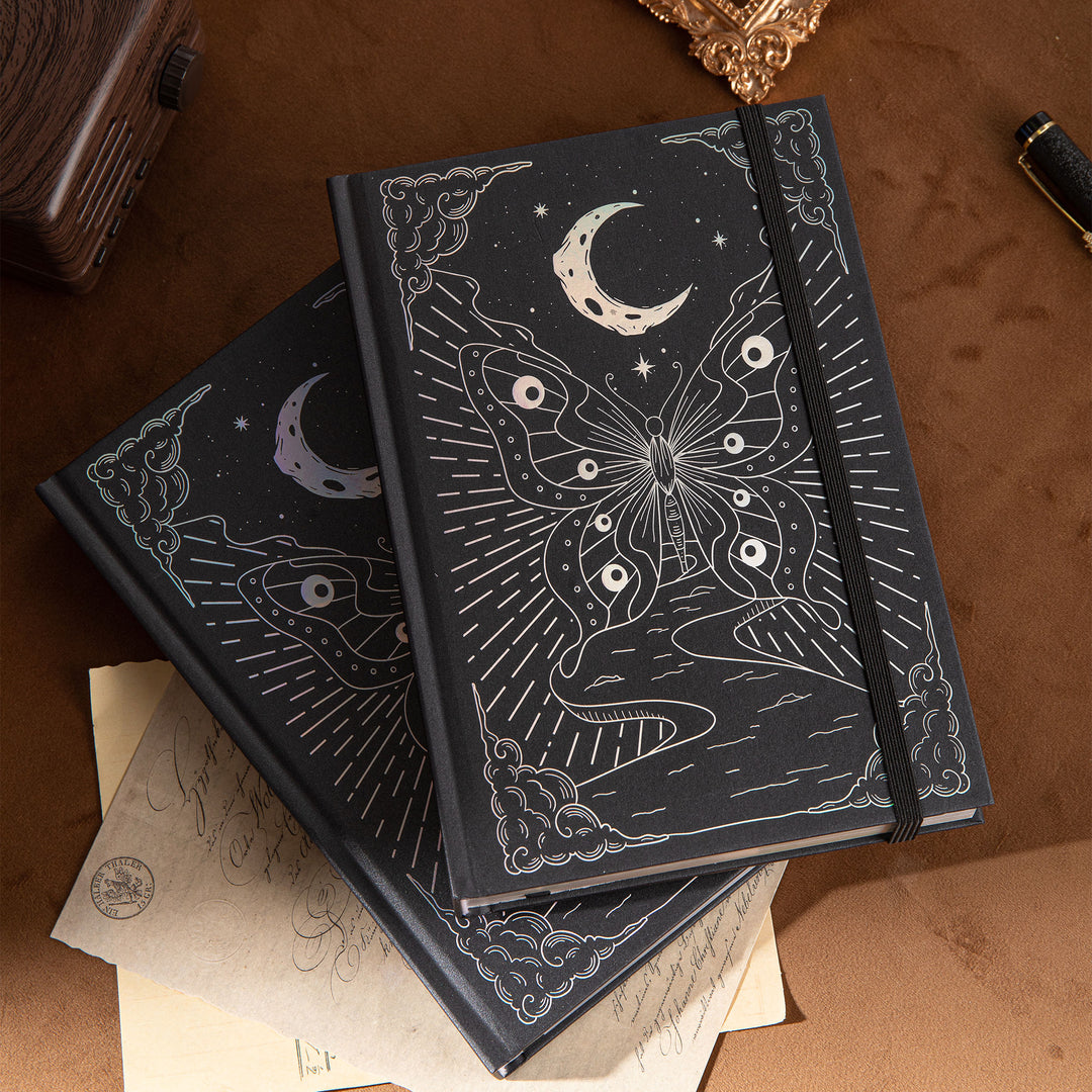 Hardcover Moon Butterfly Notebook - A5 - Dotted - Black