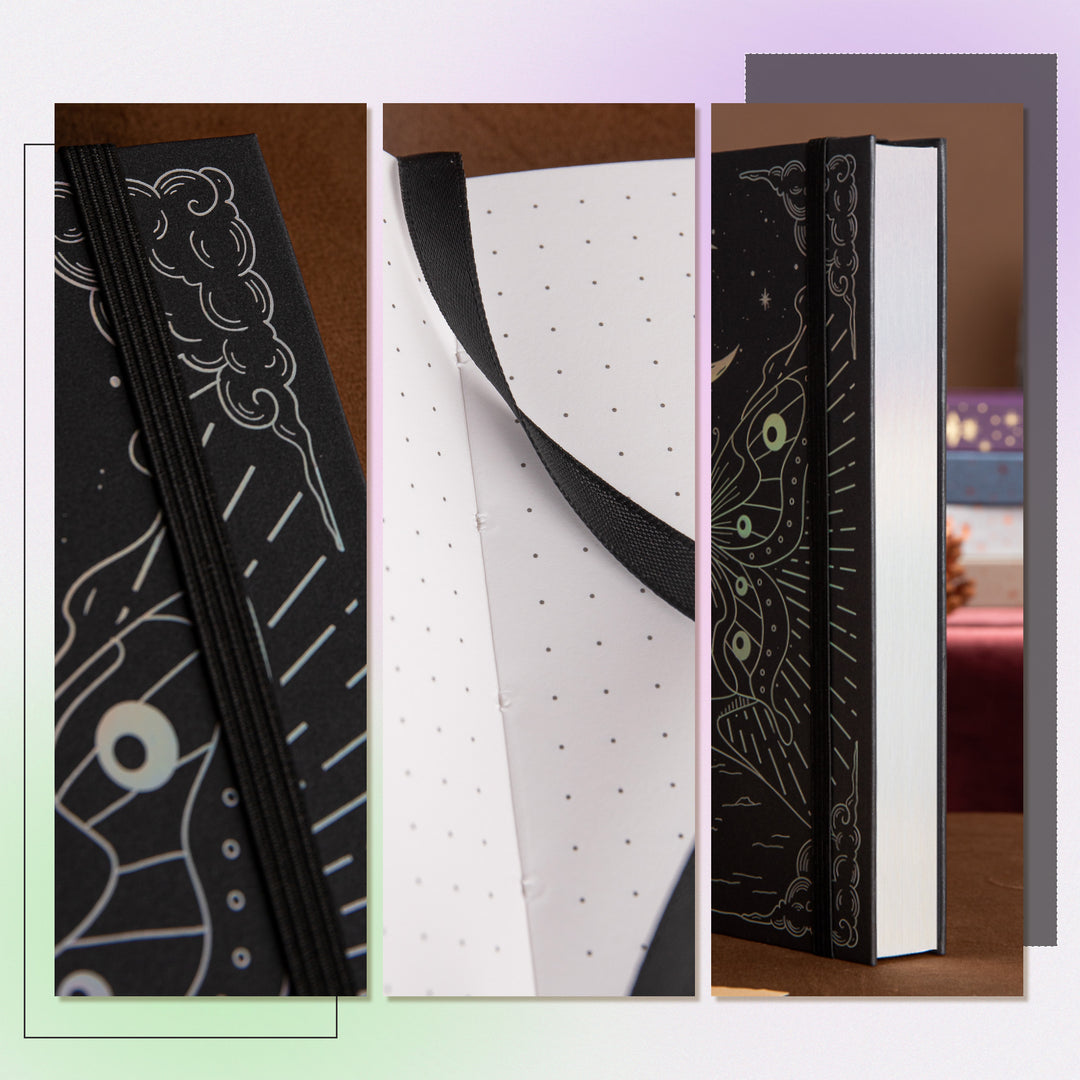 Hardcover Moon Butterfly Notebook - A5 - Dotted - Black