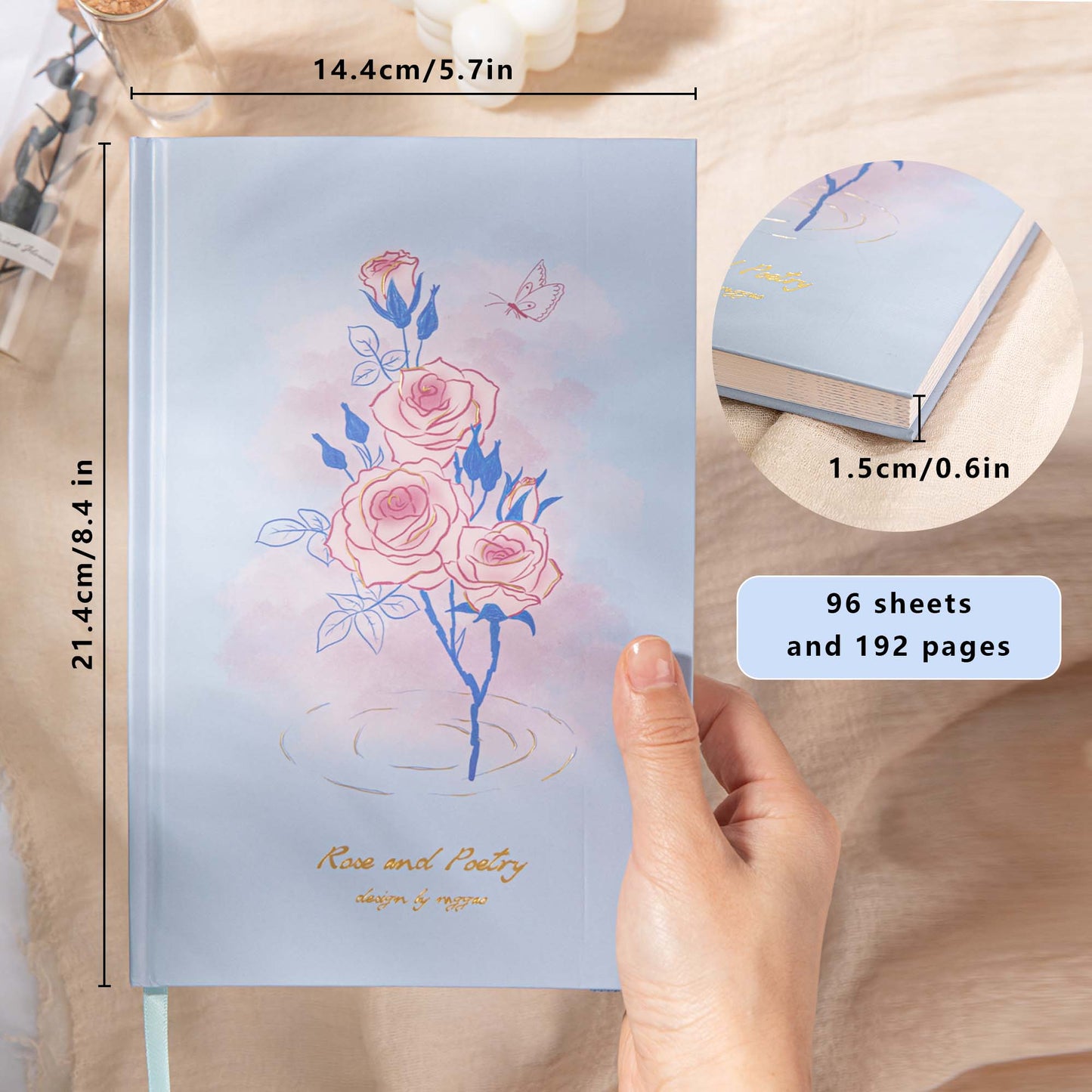 Hardcover Notebook - A5 - Rose and Poetry - Blue