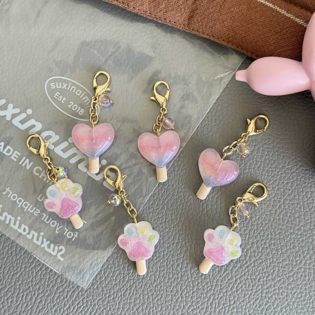 Heart &amp; Cat Paw Lollipops Lobster Clasp Keychain