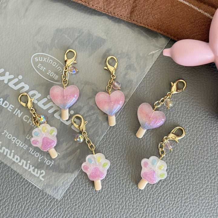 Heart &amp; Cat Paw Lollipops Lobster Clasp Keychain
