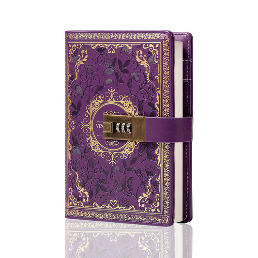 Leather 3D Vintage Flower Lock Journal - B6 - Ruled - Purple