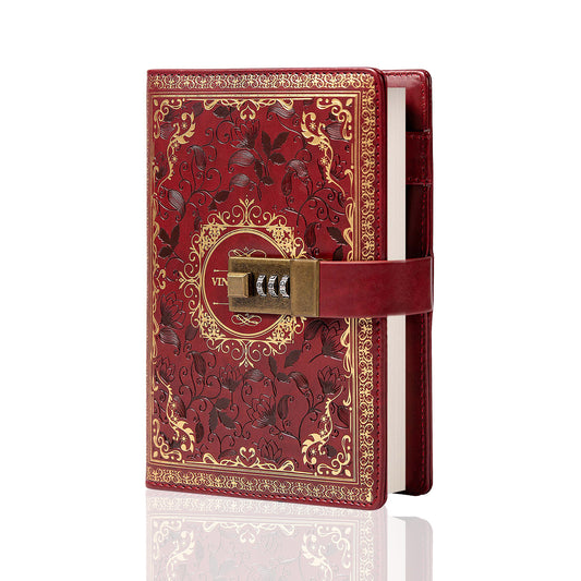 Leather 3D Vintage Flower Lock Journal - B6 - Ruled - Wine