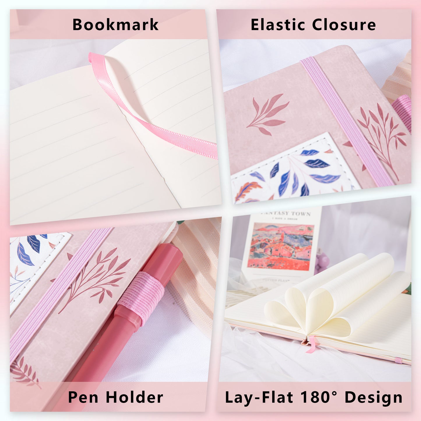 Leather Foliage Notebook - A5 - Ruled - Pink