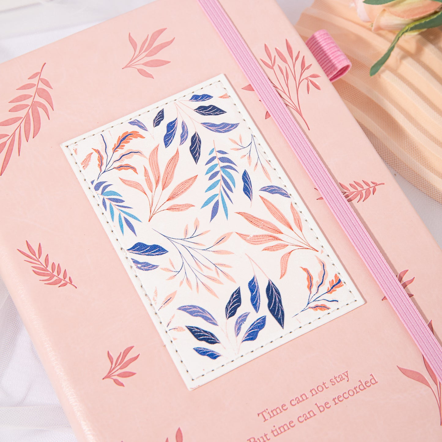 Leather Foliage Notebook - A5 - Ruled - Pink