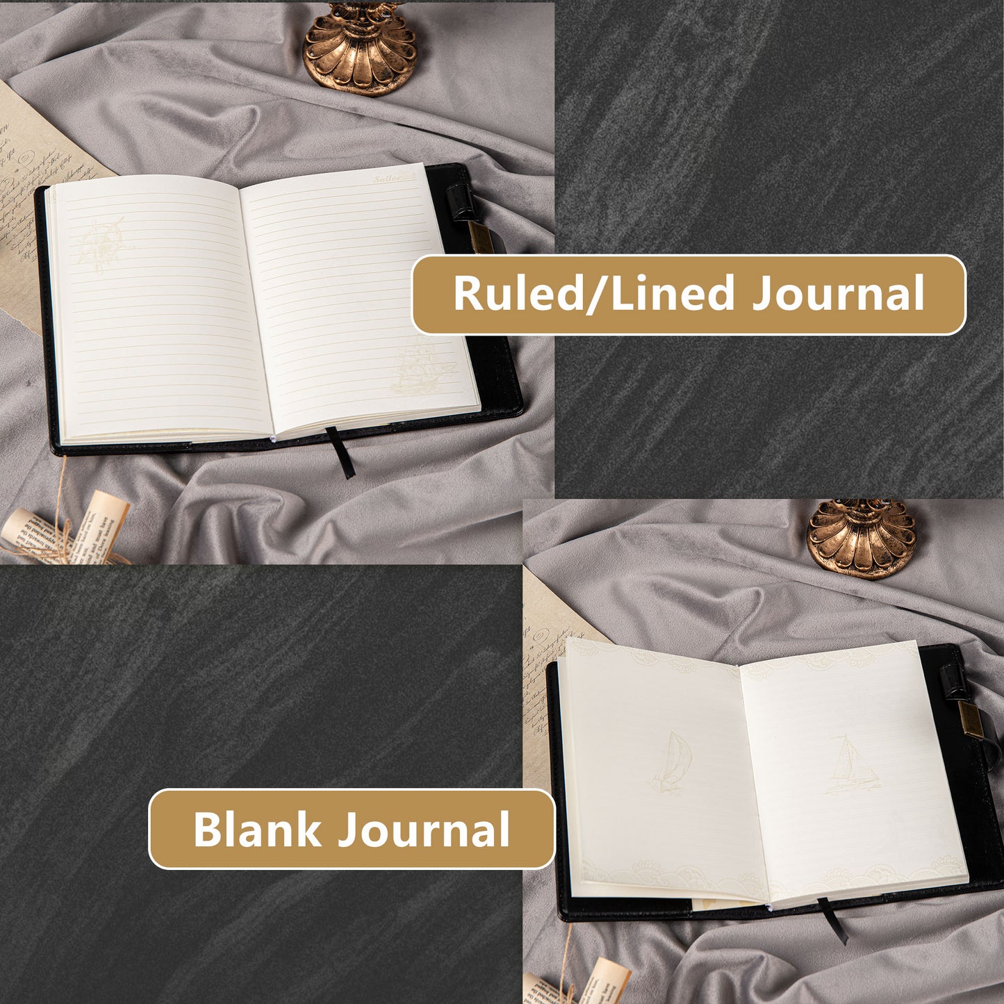 Refillable Leather Sailing Lock Journal - B6 - Black Gold