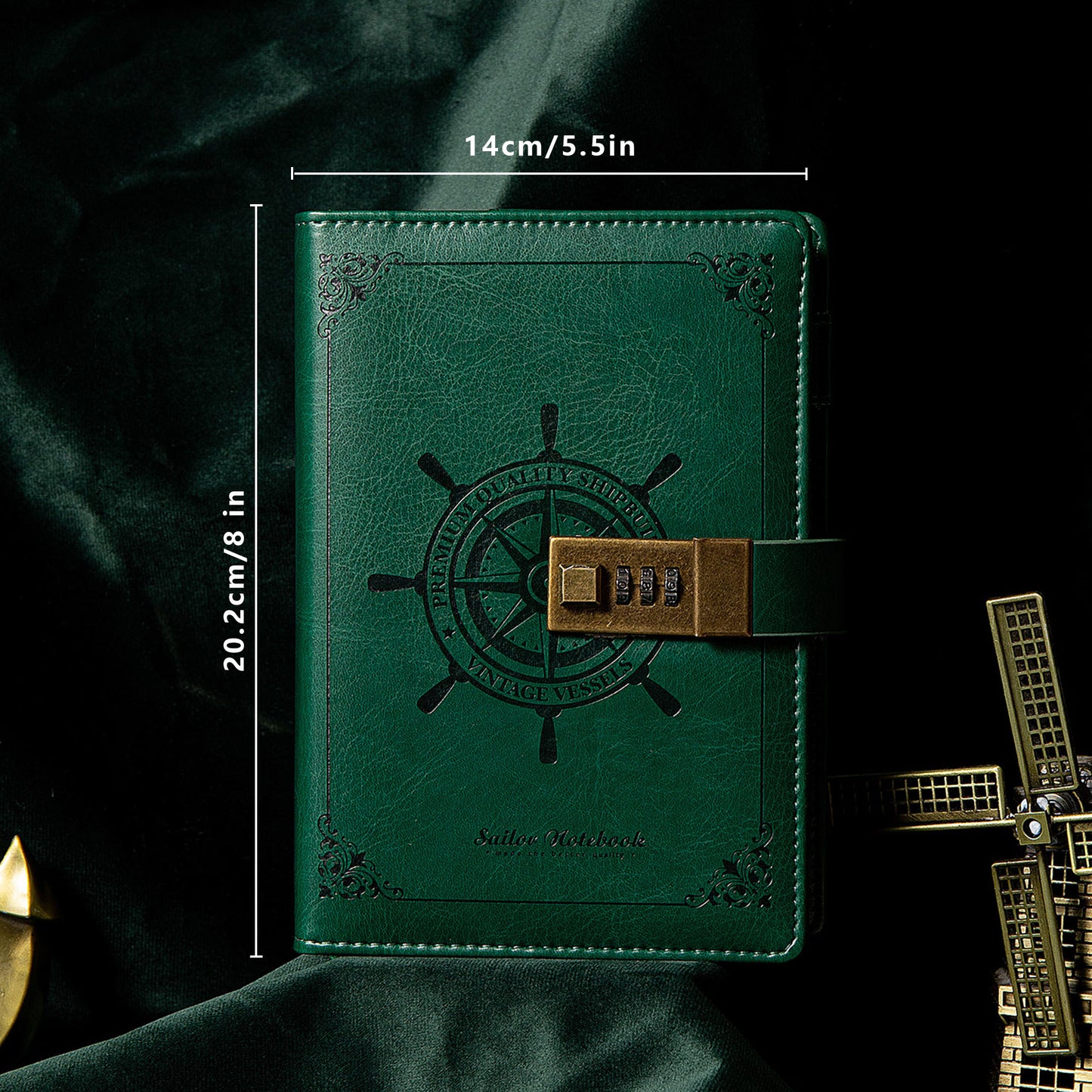 Refillable Leather Sailing Lock Journal - B6 - Green