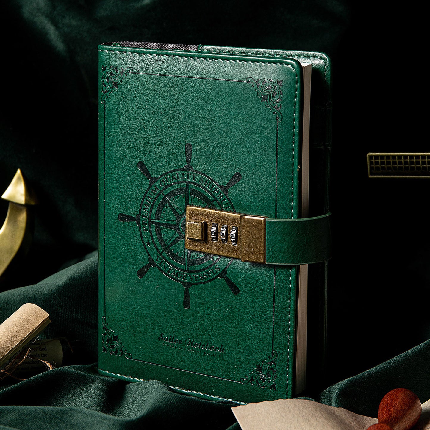 Refillable Leather Sailing Lock Journal - B6 - Green