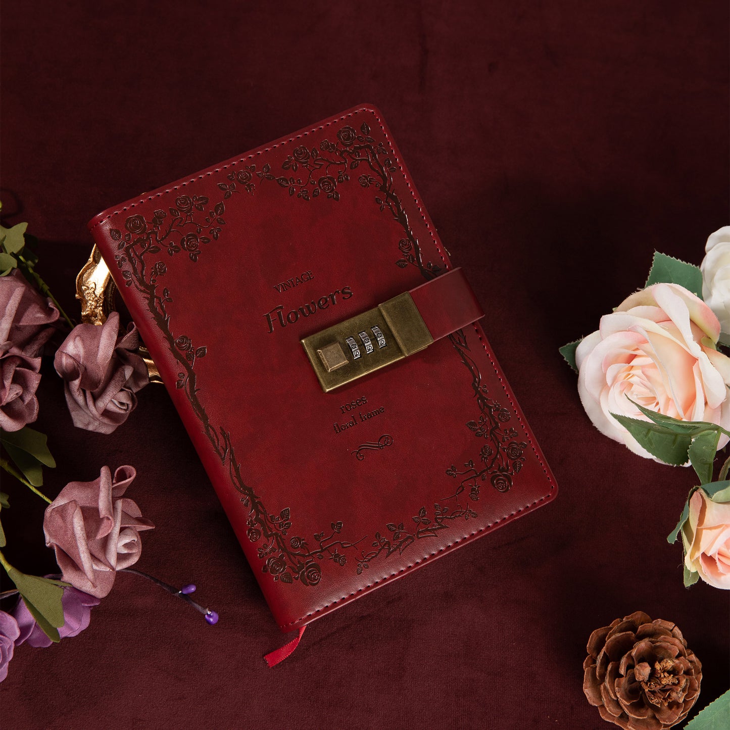 Rose Leather Lock Journal - B6 - Ruled - Red