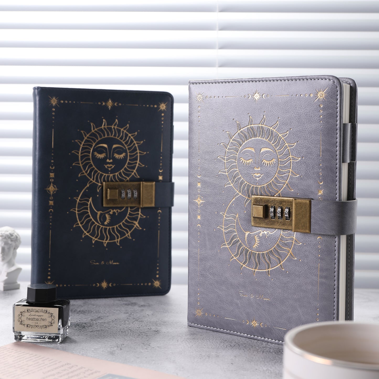 A5 Lined Sun & Moon Lock Journal - Blue