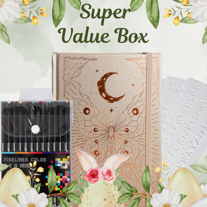 Super Value Box - A5 Notebook Gold + 12 Colors Fineliner + 8 Pcs Stencils