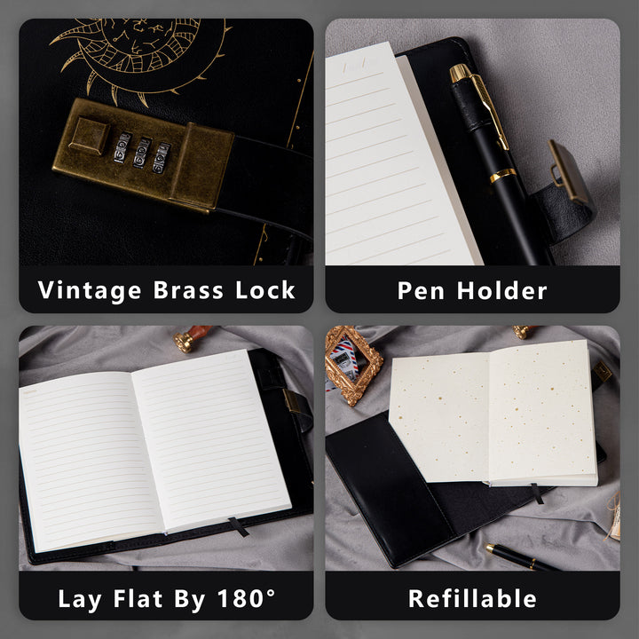 Zodiac Leather Lock Journal - B6 - Ruled - Black