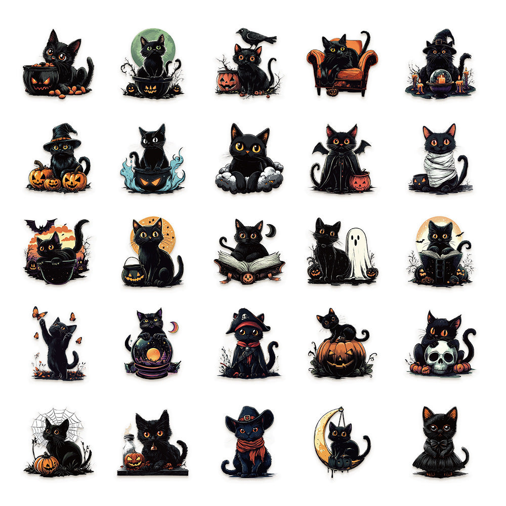 Cute Spooky Black Cat Halloween Stickers - 50 Pcs
