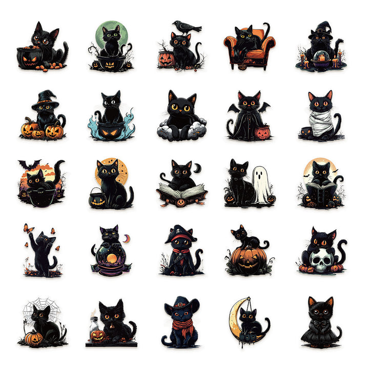 Cute Spooky Black Cat Halloween Stickers - 50 Pcs