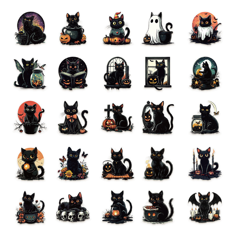Cute Spooky Black Cat Halloween Stickers - 50 Pcs