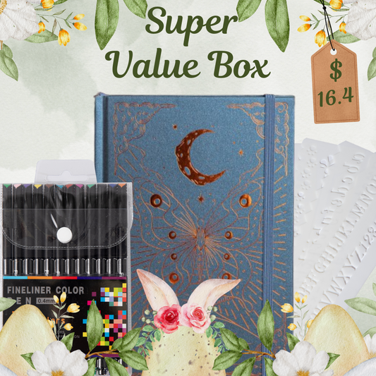 Super Value Box - A5 Notebook Blue + 12 Colors Fineliner + 8 Pcs Stencils