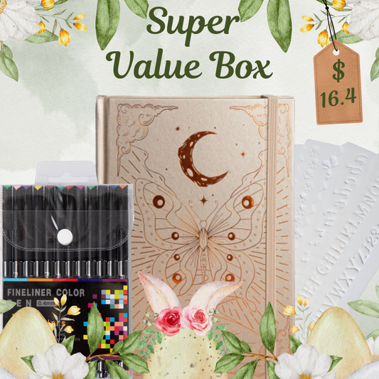 Super Value Box - A5 Notebook Gold + 12 Colors Fineliner + 8 Pcs Stencils