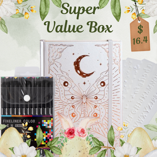 Super Value Box - A5 Notebook Silver + 12 Colors Fineliner + 8 Pcs Stencils