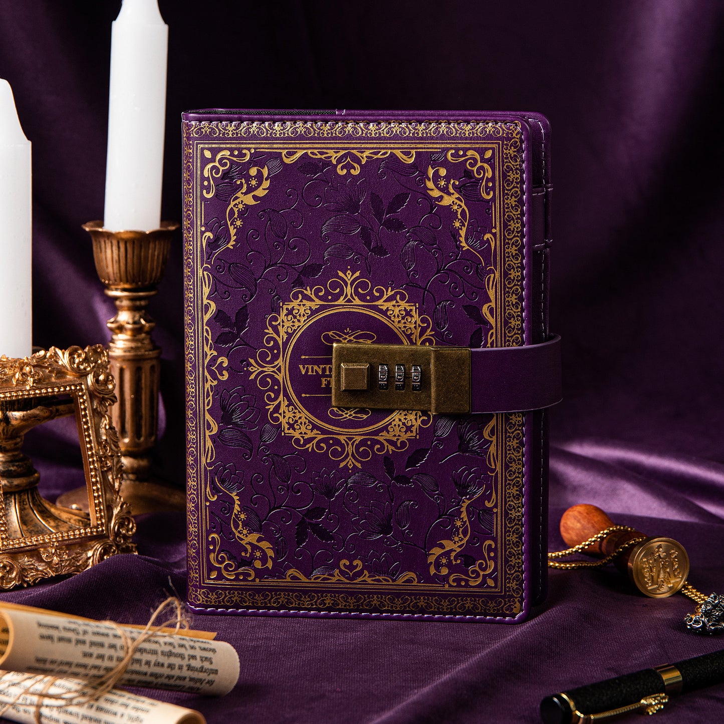 Leather 3D Vintage Flower Lock Journal - B6 - Ruled - Purple