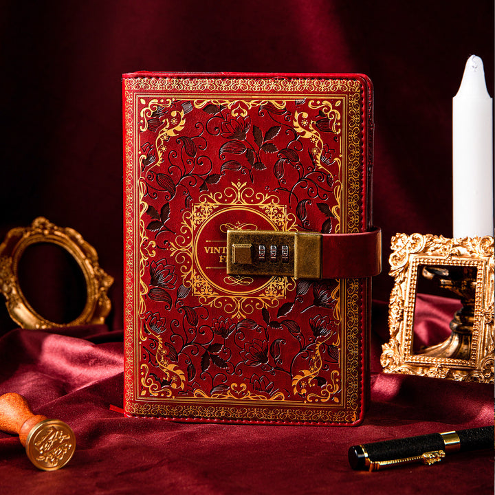 Leather 3D Vintage Flower Lock Journal - B6 - Ruled - Wine