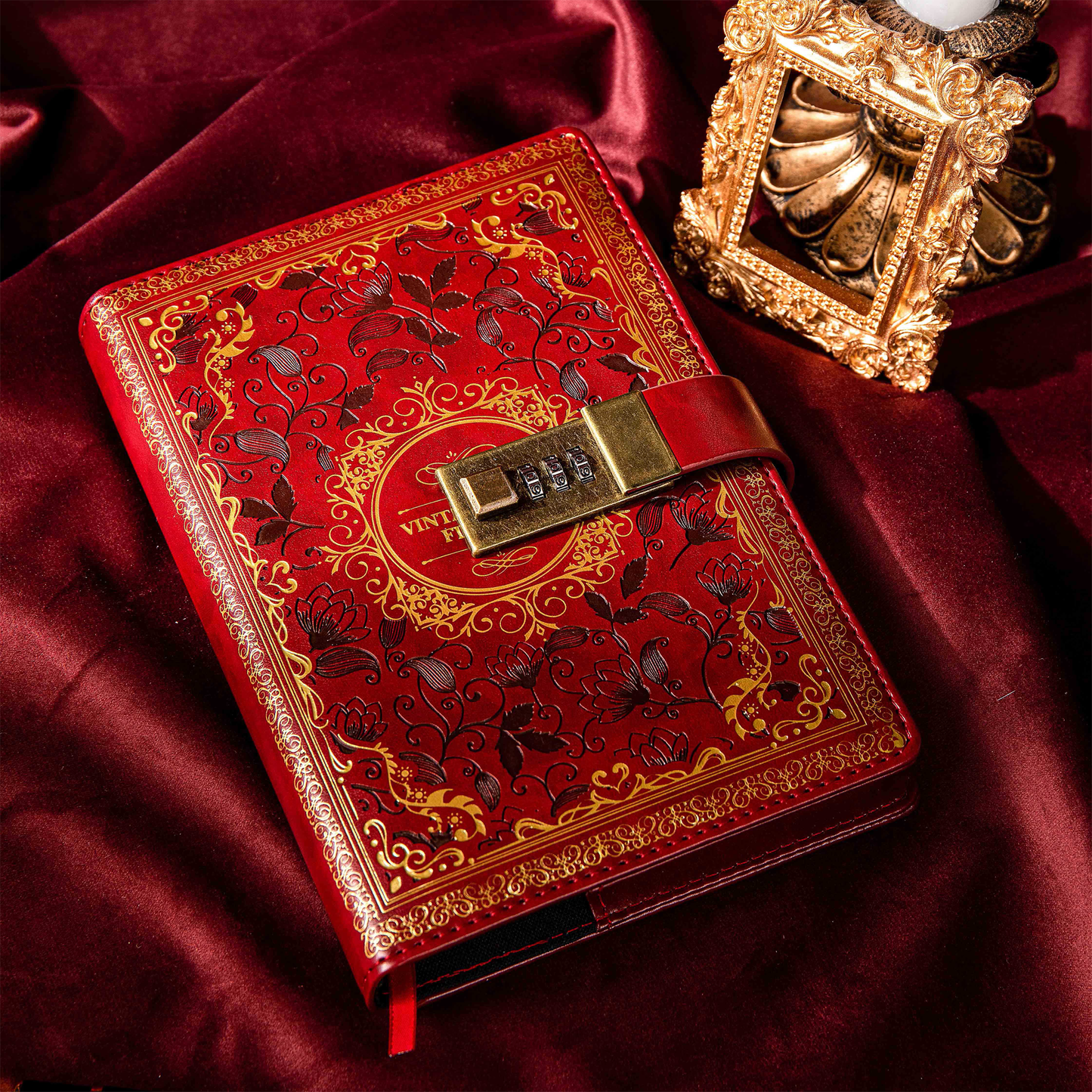 Leather 3D Vintage Flower Lock Journal - B6 - Ruled - Wine