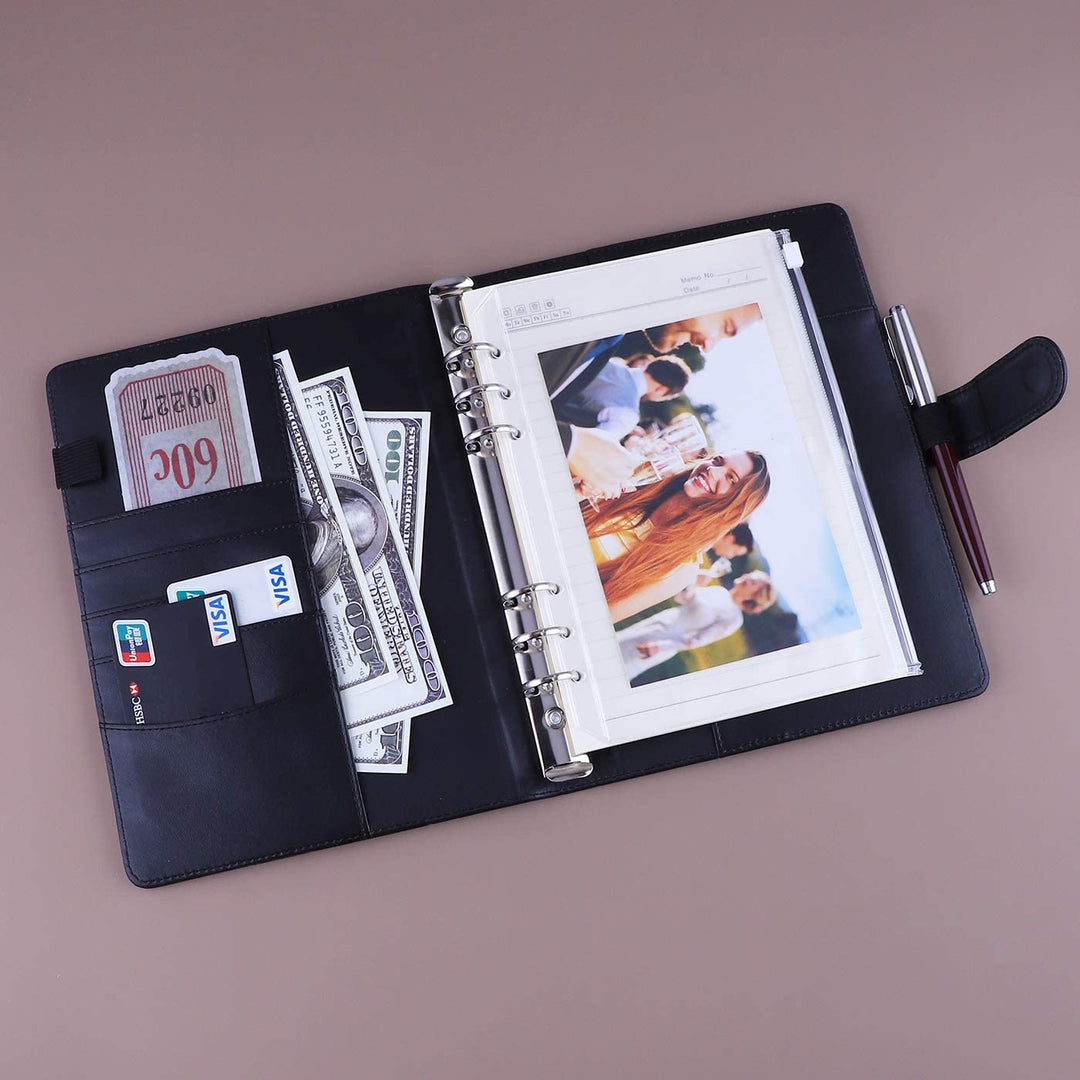 A5 PU Leather Binder 6-Ring Notebook Cover Refillable Personal Planner Budget Binder - tiefossi