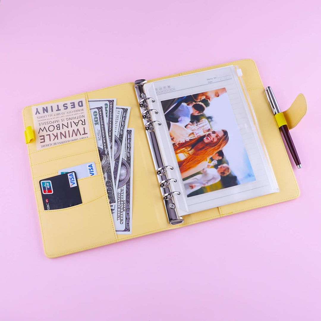 A5 PU Leather Binder 6-Ring Notebook Cover Refillable Personal Planner Budget Binder - tiefossi