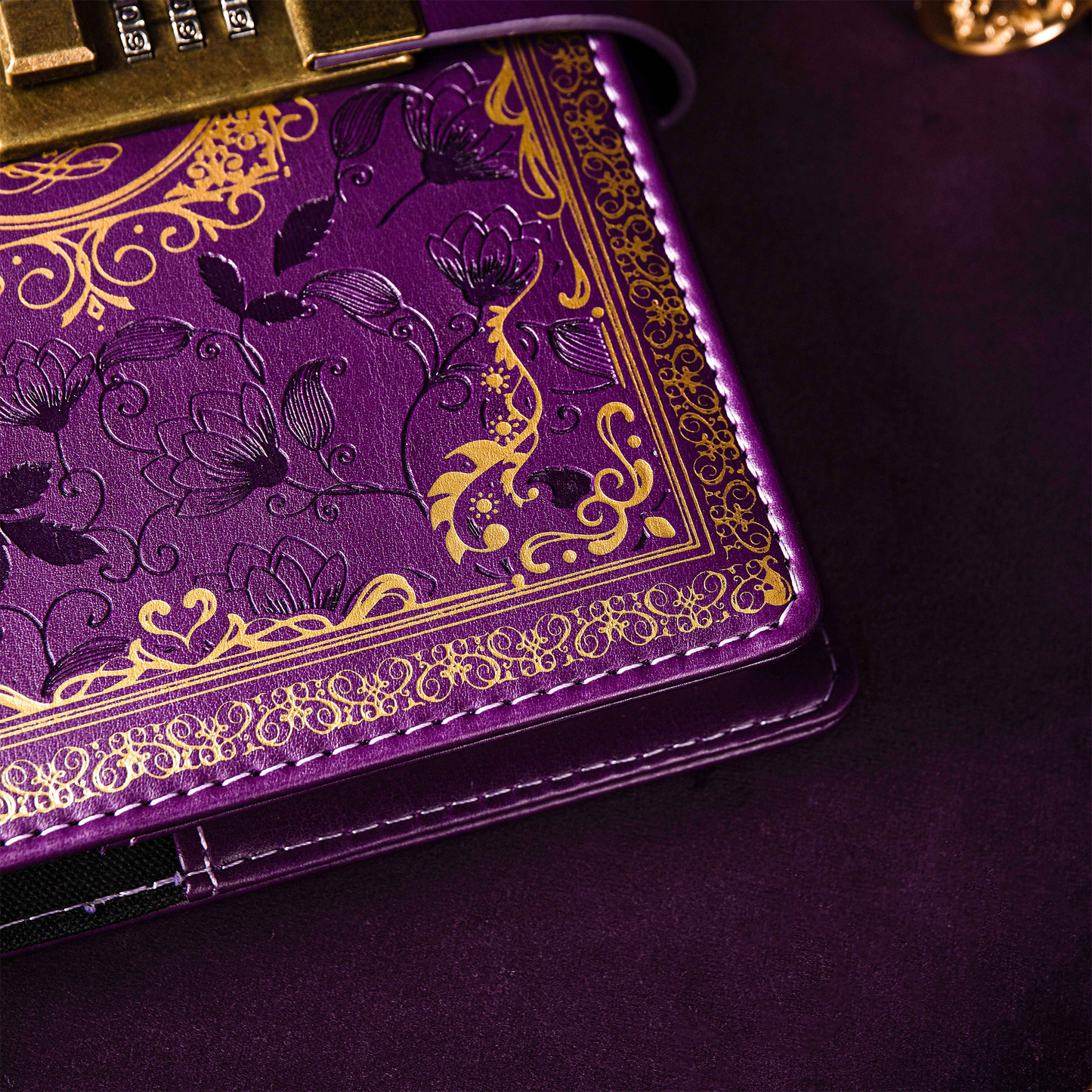 Leather 3D Vintage Flower Lock Journal - B6 - Ruled - Purple